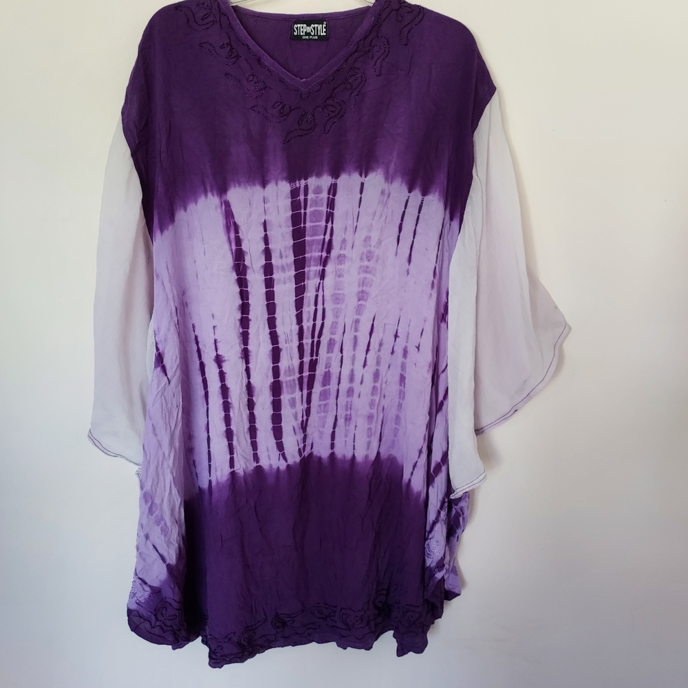 Purple & White Rayon Tie-Dye Popover Tunic Cover-Up Flowy Boho Beachy Boxy Artsy